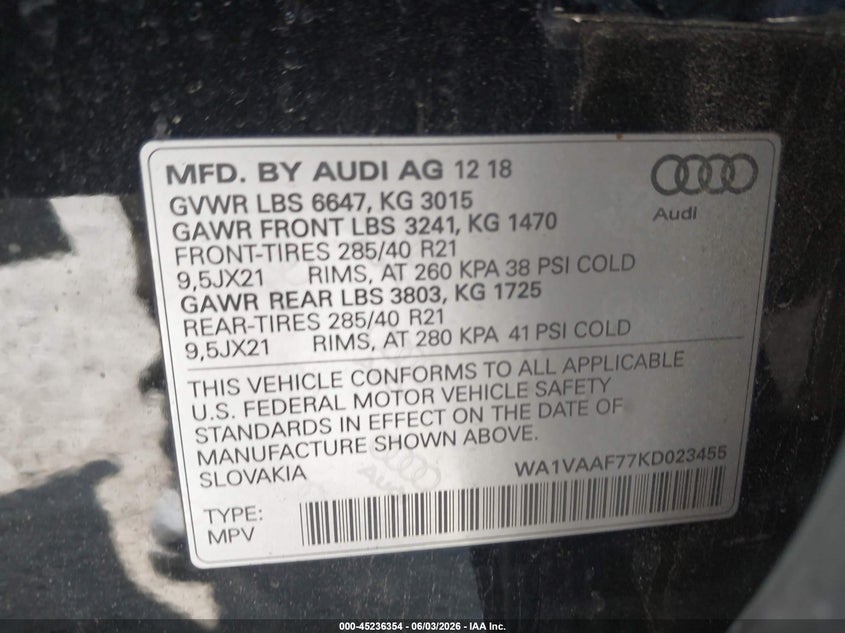2019 Audi Q7 55 Premium VIN: WA1VAAF77KD023455 Lot: 45236354