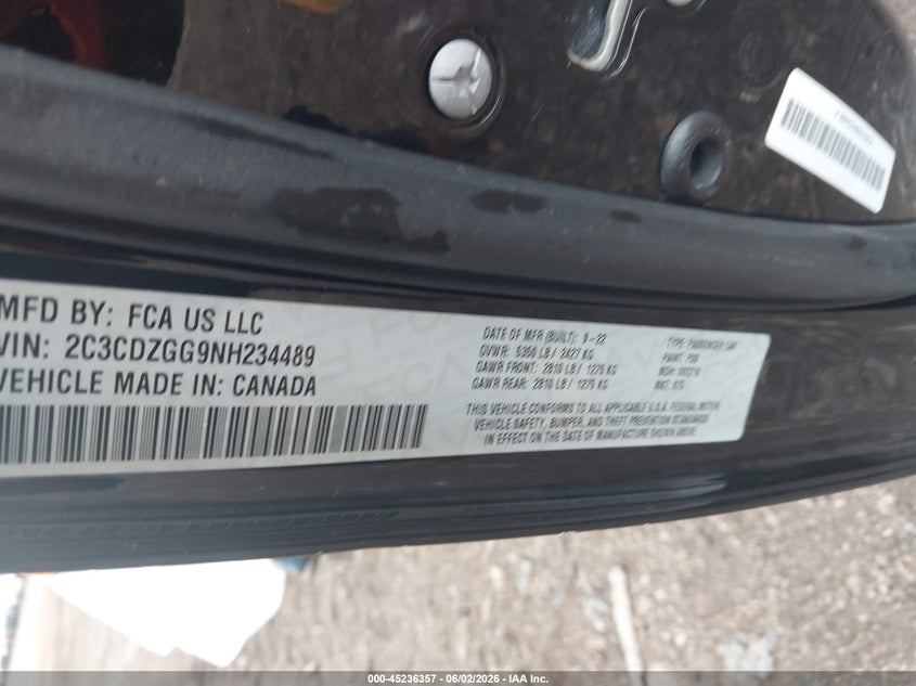 VIN: 2C3CDZGG9NH234489 2022 DODGE CHALLENGER SXT AWD