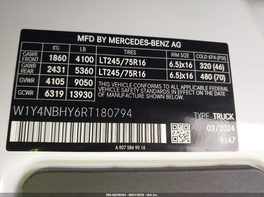 2024 Mercedes-Benz Sprinter 2500 Standard Roof 4-Cyl Diesel Ho VIN: W1Y4NBHY6RT180794 Lot: 45236364