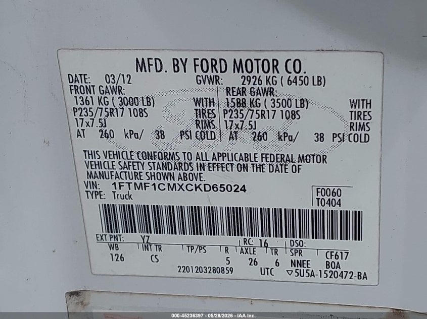 2012 Ford F-150 3.7 Xl White Lot 111045236397 Vin 1FTMF1CMXCKD65024