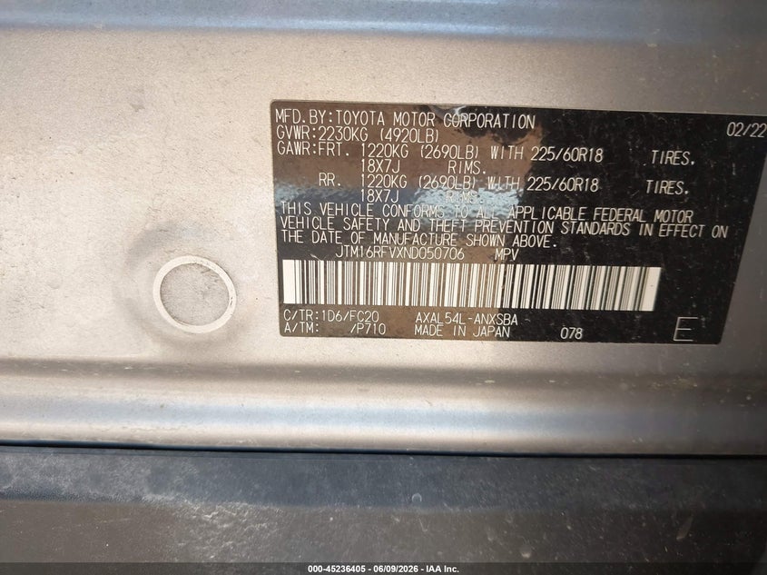 2022 TOYOTA RAV4 HYBRID 2.5L I-4 DI, DOHC, V(VIN: JTM16RFVXND050706