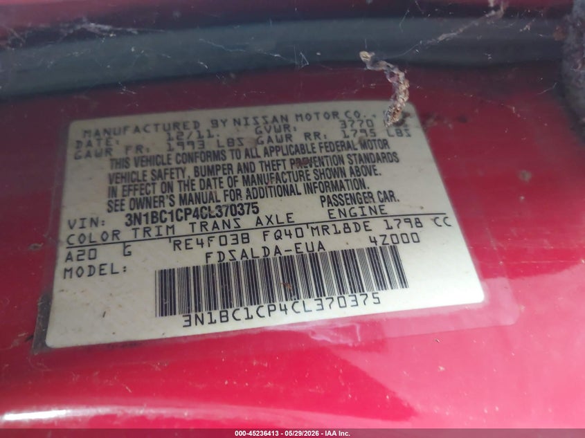 2012 Nissan Versa 1.8 1.8 S red Lot 111045236413 Vin 3N1BC1CP4CL370375