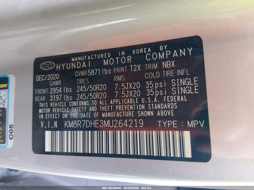 2021 Hyundai Palisade Calligraphy VIN: KM8R7DHE3MU264219 Lot: 45236440