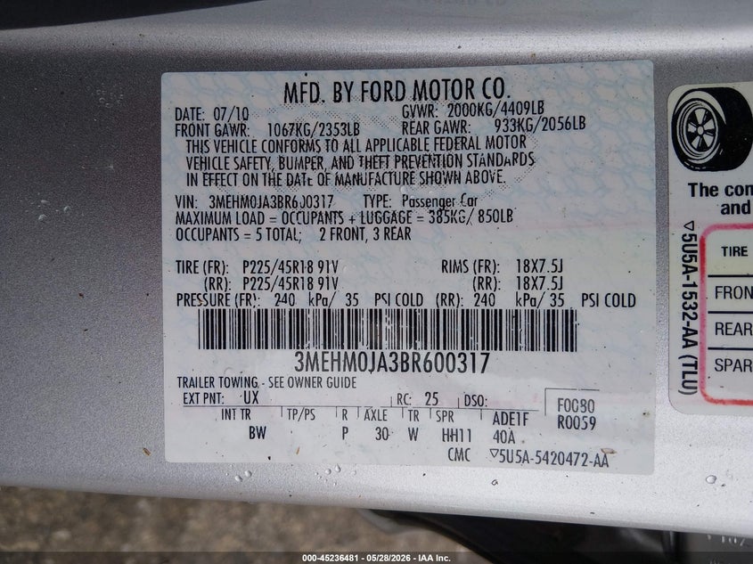 2011 Mercury Milan Premier VIN: 3MEHM0JA3BR600317 Lot: 45236481