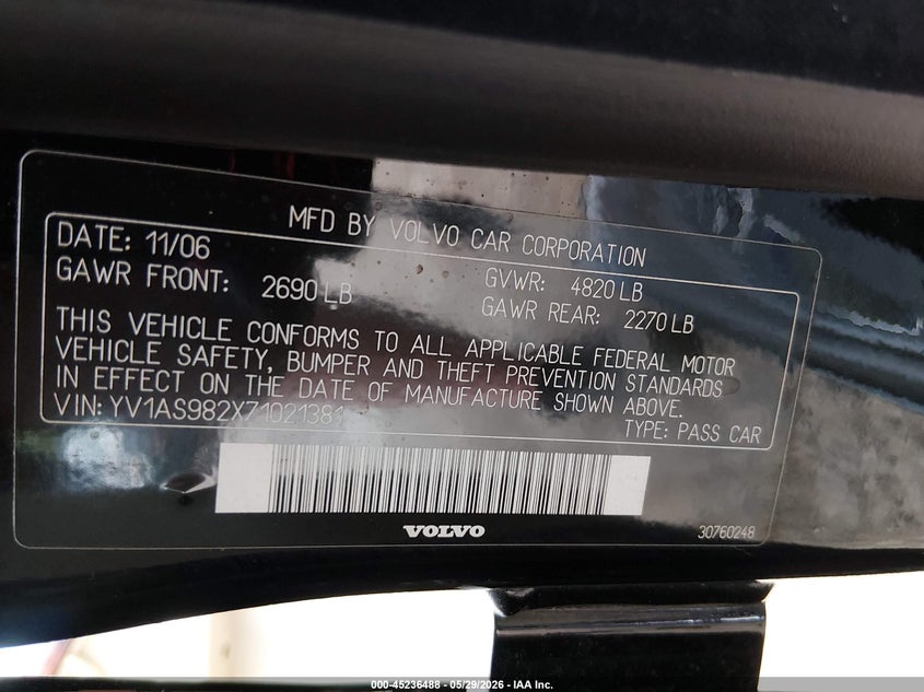 2007 Volvo S80 3.2 VIN: YV1AS982X71021381 Lot: 45236488