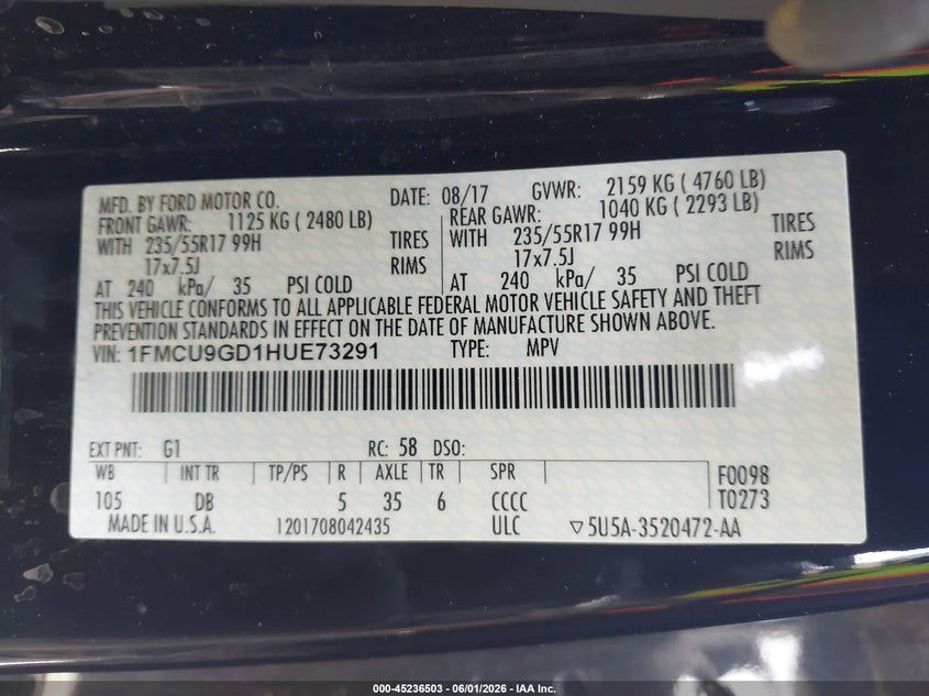VIN 1FMCU9GD1HUE73291 2017 FORD ESCAPE SE