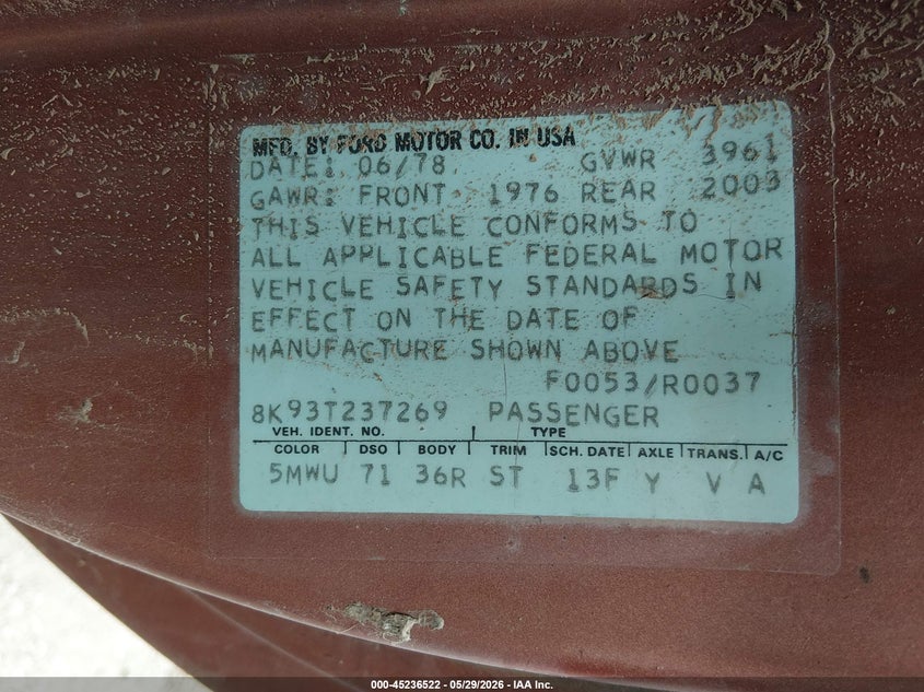 1978 Ford Fairmont VIN: 8K93T237269 Lot: 45236522