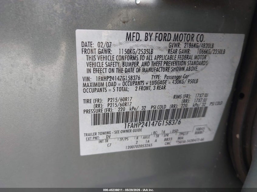 2007 Ford Five Hundred Sel VIN: 1FAHP24147G158376 Lot: 45236611