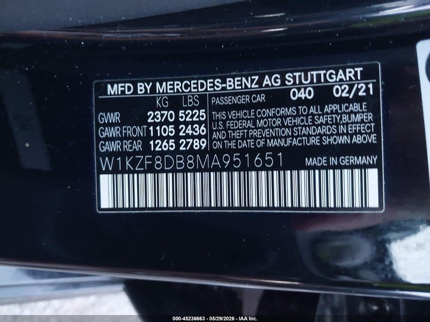 2021 Mercedes-Benz E 350 VIN: W1KZF8DB8MA951651 Lot: 45236663