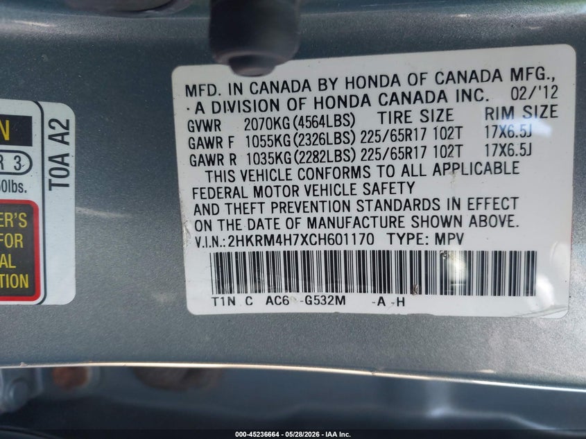 2012 HONDA CR-V SPORT UTILITY VEHICLE 2.4L I-4 DOHC, VVT, 185HP