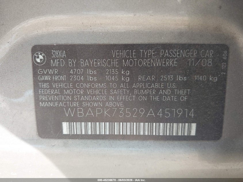 2009 BMW 328I xDrive VIN: WBAPK73529A451914 Lot: 45236678
