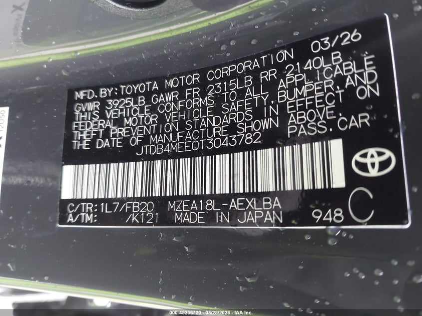 VIN JTDB4MEE0T3043782 2026 TOYOTA COROLLA LE