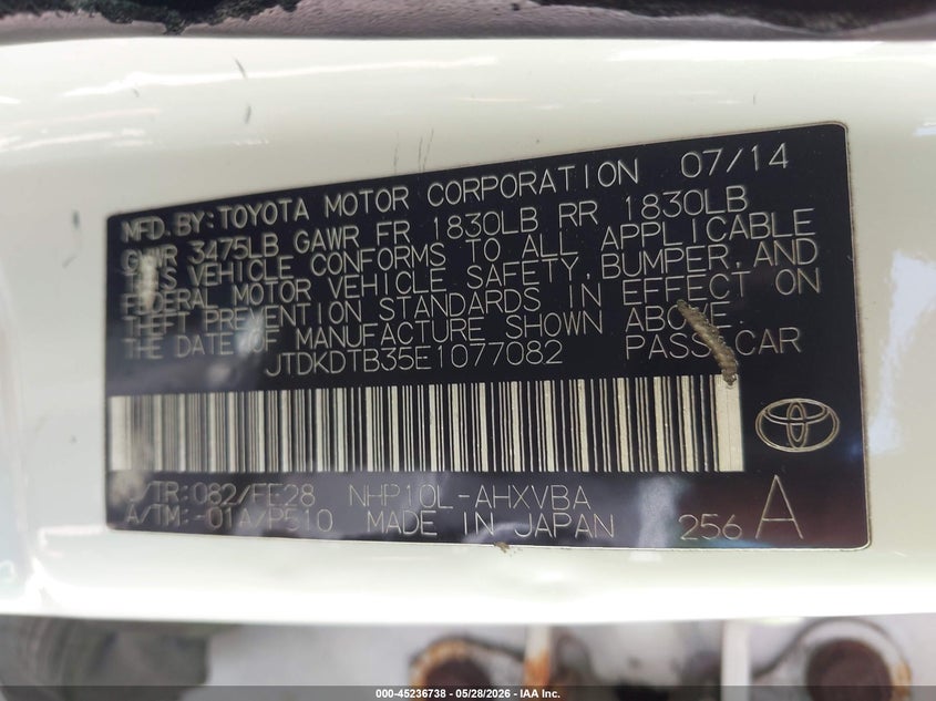 2014 Toyota Prius C One VIN: JTDKDTB35E1077082 Lot: 45236738