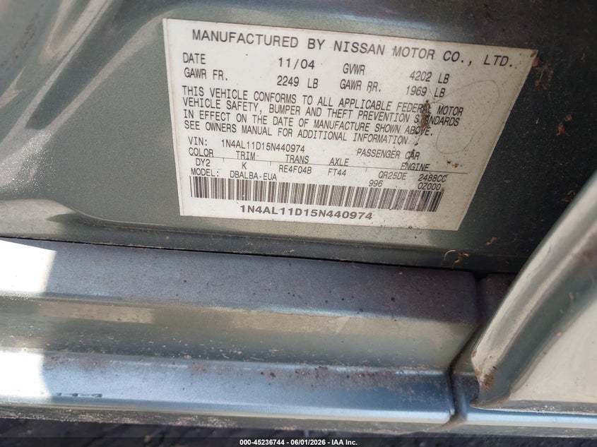 2005 Nissan Altima 2.5 S VIN: 1N4AL11D15N440974 Lot: 45236744