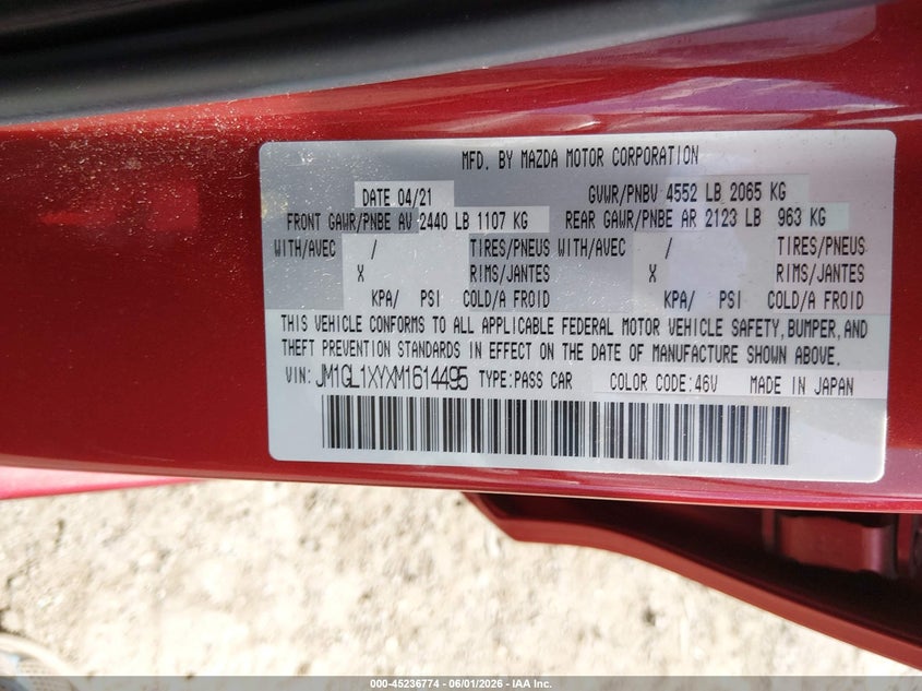 2021 Mazda Mazda6 Signature VIN: JM1GL1XYXM1614495 Lot: 45236774