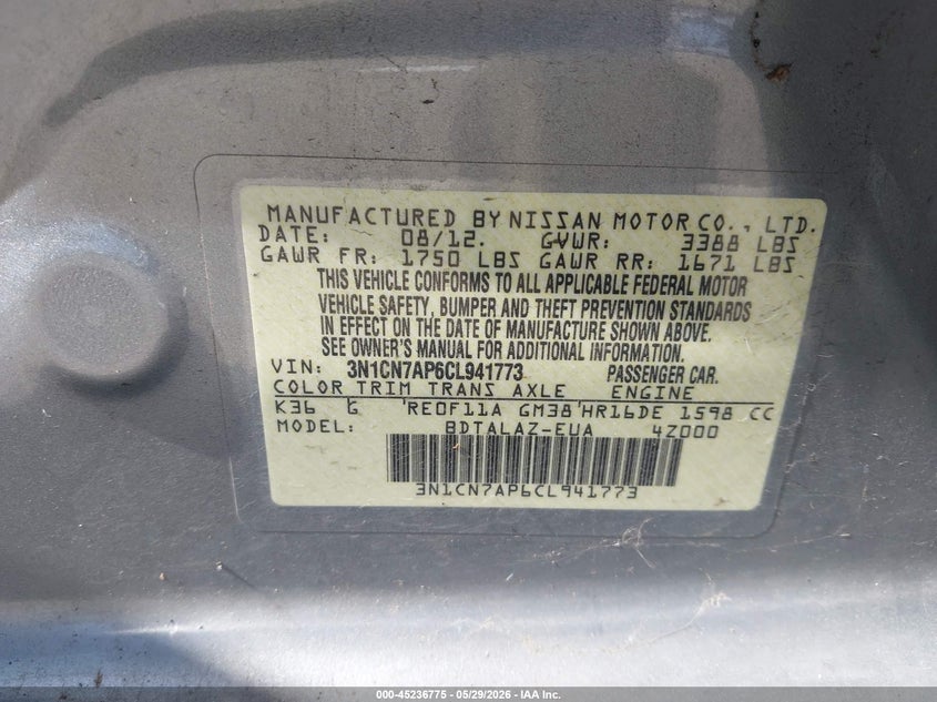 2012 Nissan Versa 1.6 1.6 S Grey Lot 111045236775 Vin 3N1CN7AP6CL941773