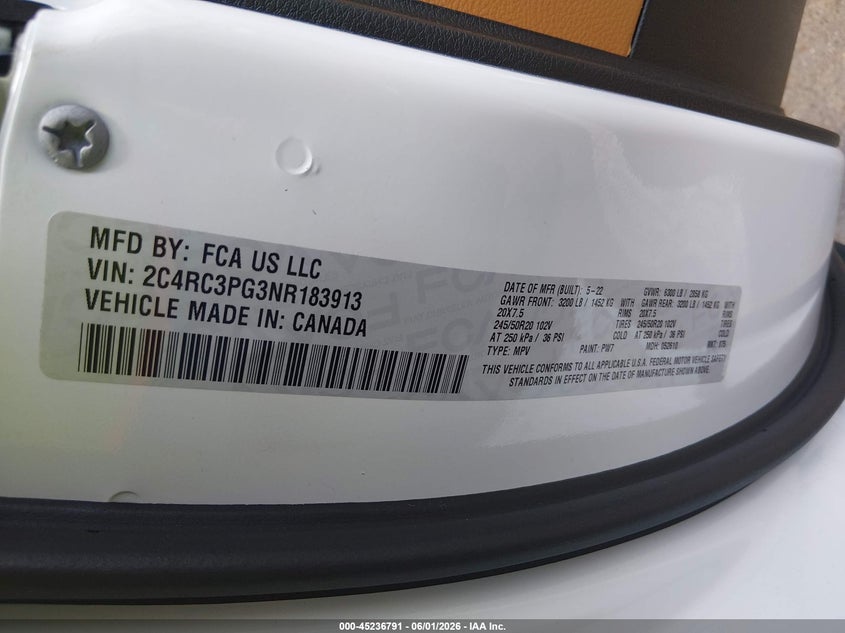 2022 Chrysler Pacifica Pinnacle Awd VIN: 2C4RC3PG3NR183913 Lot: 45236791