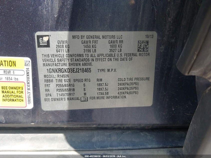 2014 Chevrolet Traverse 1Lt VIN: 1GNKRGKD3EJ218465 Lot: 45236838