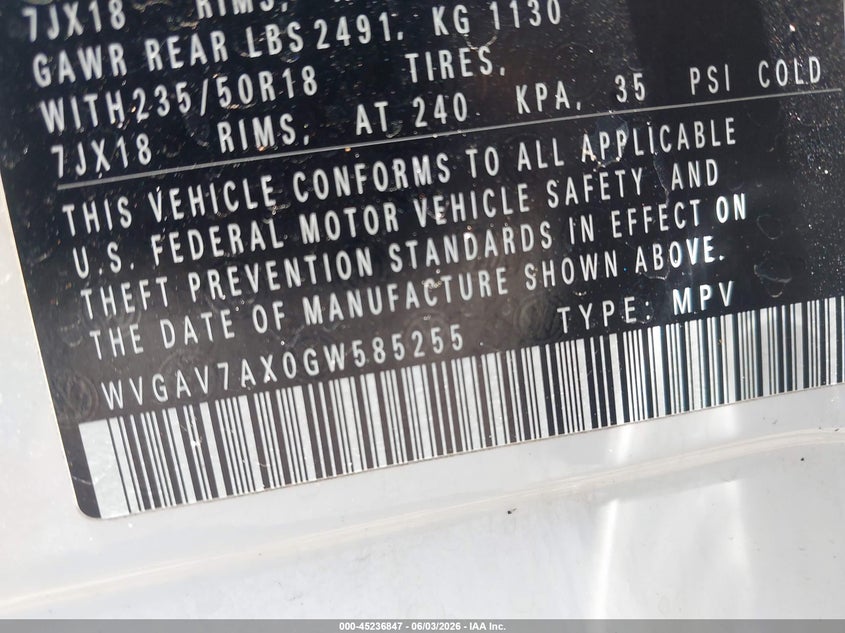 2016 Volkswagen Tiguan Se VIN: WVGAV7AX0GW585255 Lot: 45236847