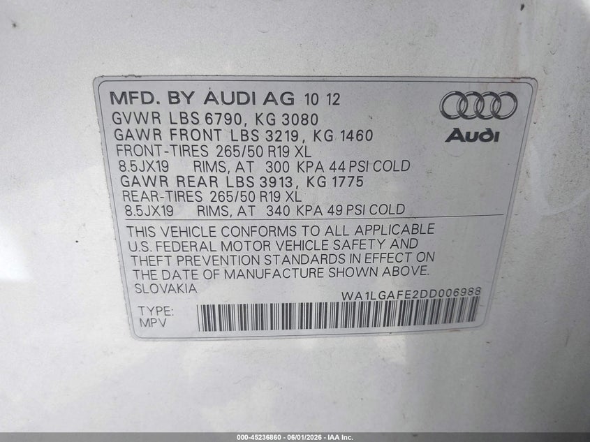 2013 Audi Q7 3.0T Premium VIN: WA1LGAFE2DD006988 Lot: 45236860