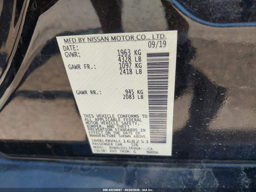 2020 NISSAN ALTIMA SEDAN 2.5L I-4 DI, DOHC, VVT, 188HP