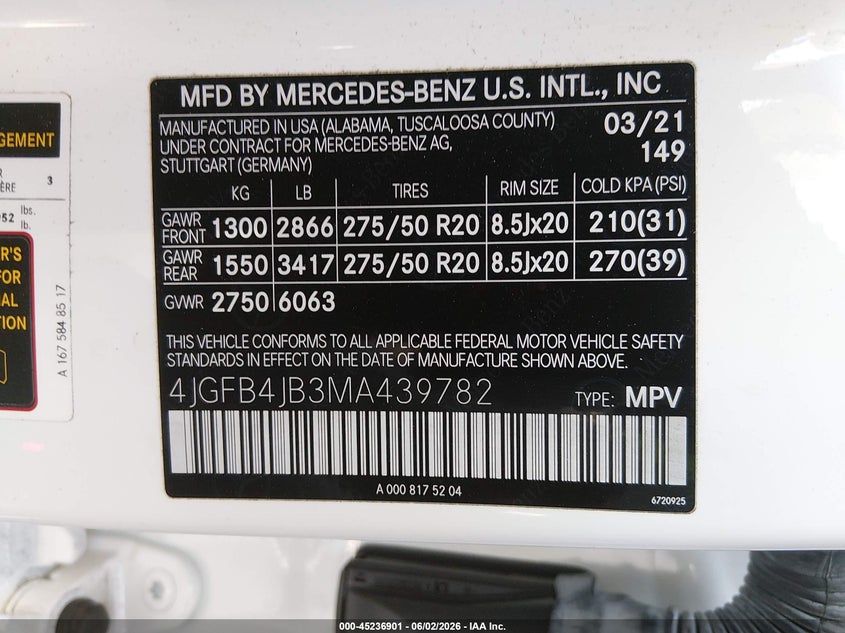 2021 Mercedes-Benz Gle 350 VIN: 4JGFB4JB3MA439782 Lot: 45236901