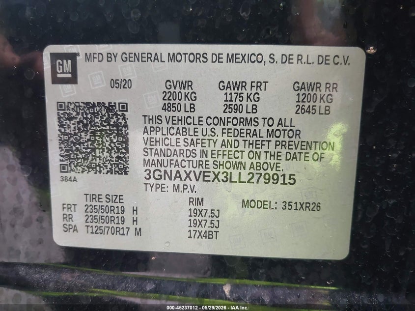 VIN 3GNAXVEX3LL279915 2020 CHEVROLET EQUINOX AWD LT 2.0L TURBO