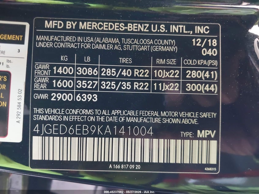 2019 Mercedes-Benz Amg Gle 43 Coupe 4Matic VIN: 4JGED6EB9KA141004 Lot: 45237082