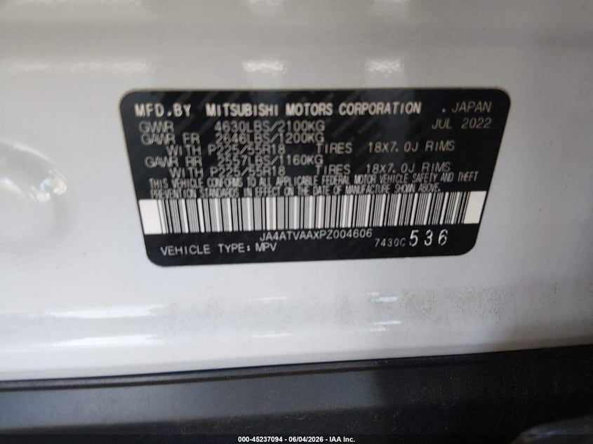 2023 Mitsubishi Eclipse Cross Le S-Awc/Ralliart S-Awc VIN: JA4ATVAAXPZ004606 Lot: 45237094