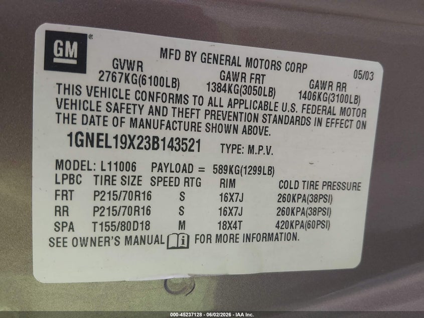 2003 Chevrolet Astro Ls VIN: 1GNEL19X23B143521 Lot: 45237128