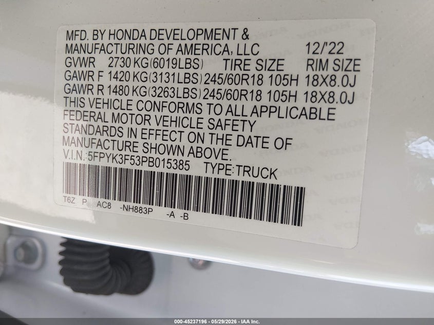 2023 Honda Ridgeline Rtl VIN: 5FPYK3F53PB015385 Lot: 45237196