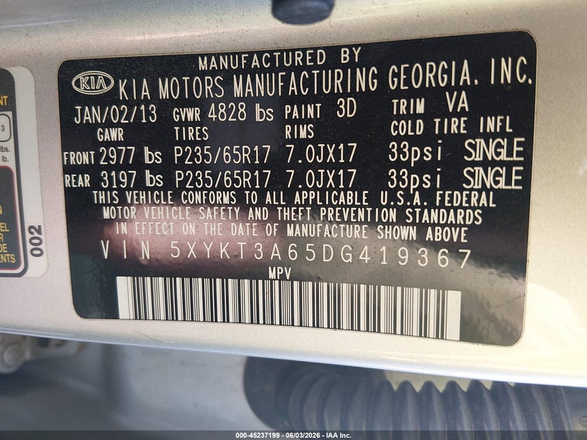 2013 KIA SORENTO SPORT UTILITY VEHICLE 2.4L I-4 DI, DOHC, VVT, 191HP