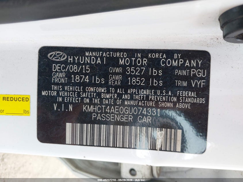 2016 Hyundai Accent Se VIN: KMHCT4AE0GU074331 Lot: 45237218