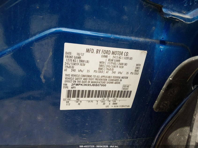VIN 2FMPK3K95JBB07000 2018 FORD EDGE TITANIUM