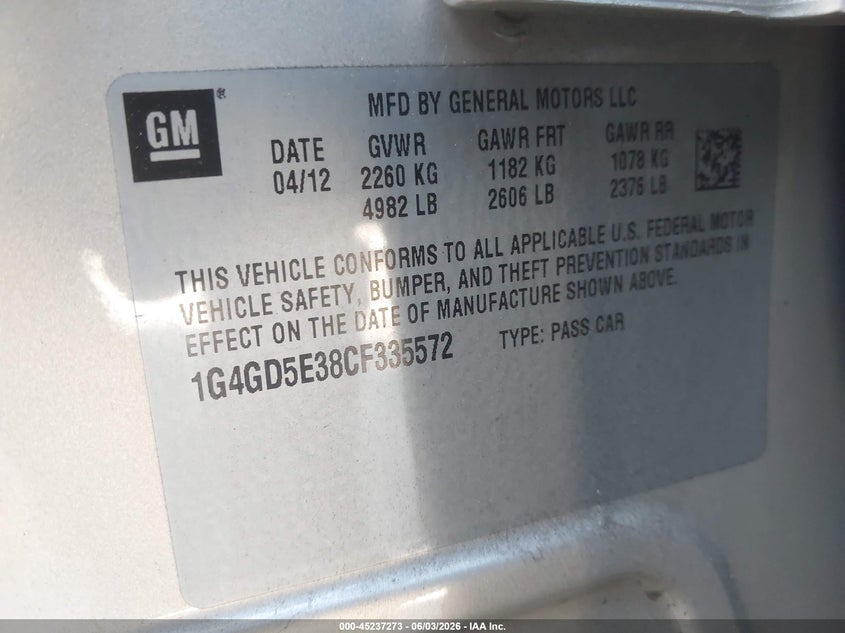 2012 Buick Lacrosse Premium 1 Group VIN: 1G4GD5E38CF335572 Lot: 45237273