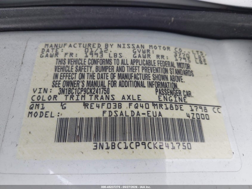 2012 Nissan Versa 1.8 1.8 S white Lot 111045237275 Vin 3N1BC1CP9CK241750