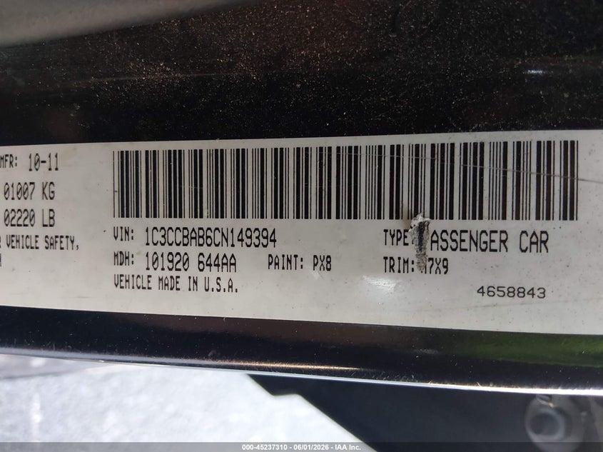 2012 Chrysler 200 Lx black Lot 111045237310 Vin 1C3CCBAB6CN149394