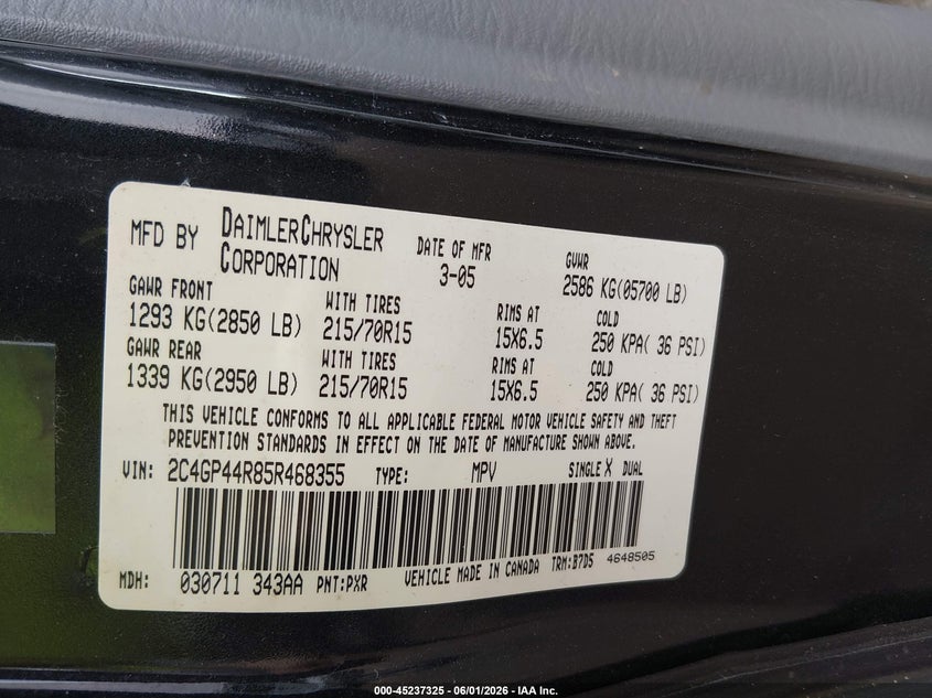 2005 Chrysler Town & Country Lx VIN: 2C4GP44R85R468355 Lot: 45237325