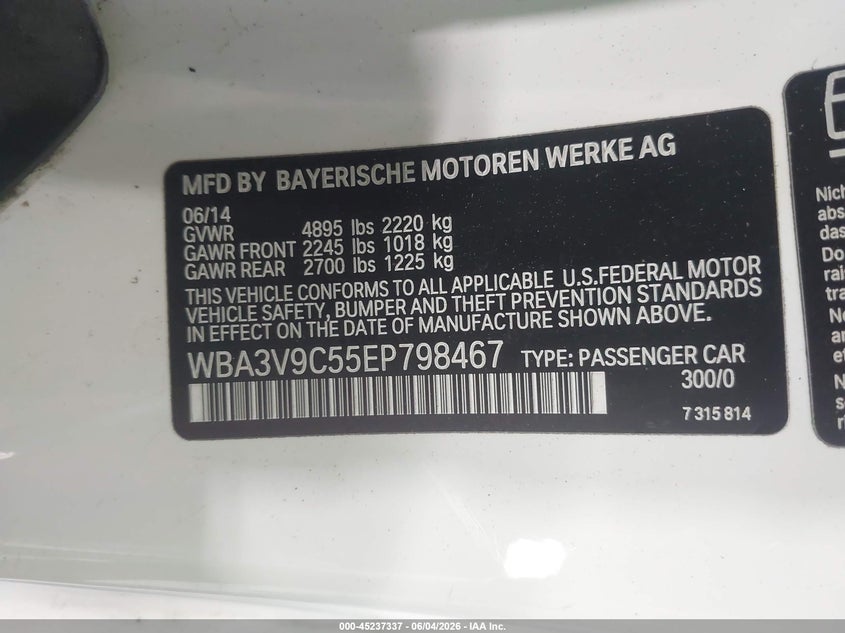 2014 BMW 428I xDrive VIN: WBA3V9C55EP798467 Lot: 45237337