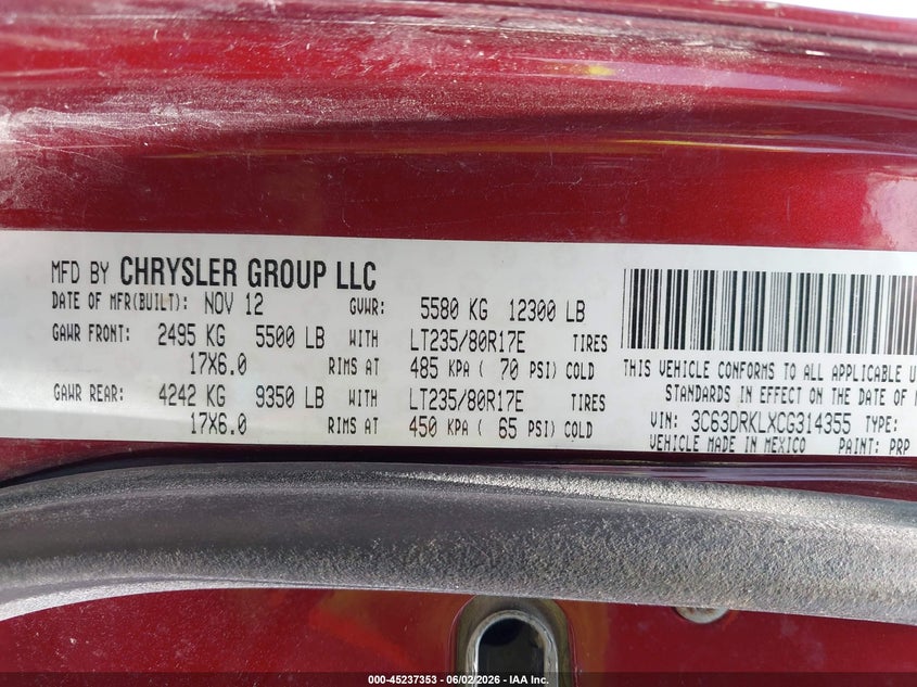 2012 Ram 3500 Ram Laramie Longhorn/Limited Edition red Lot 111045237353 Vin 3C63DRKLXCG314355