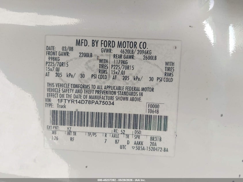 2008 Ford Ranger Xl/Xlt VIN: 1FTYR14D78PA75034 Lot: 45237392