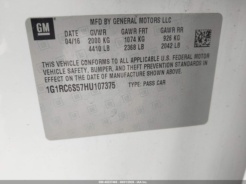 2017 Chevrolet Volt Lt VIN: 1G1RC6S57HU107375 Lot: 45237465
