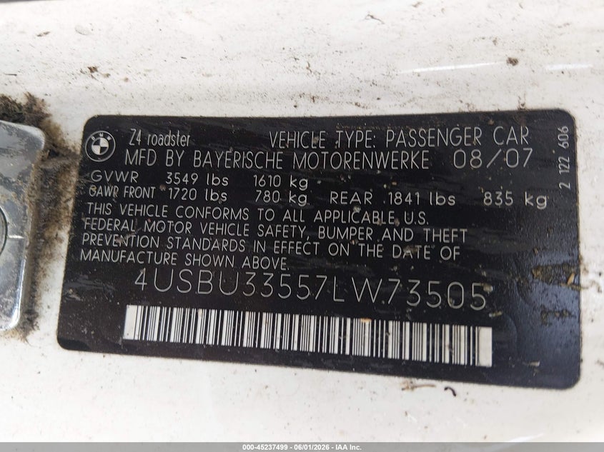 2007 BMW Z4 3.0I VIN: 4USBU33557LW73505 Lot: 45237499