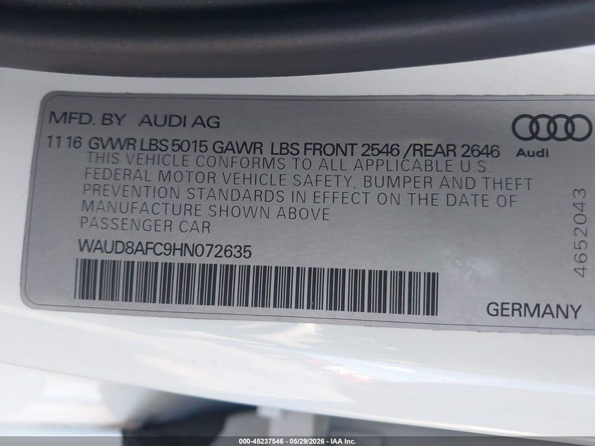 2017 Audi A6 Premium Plus VIN: WAUD8AFC9HN072635 Lot: 45237546