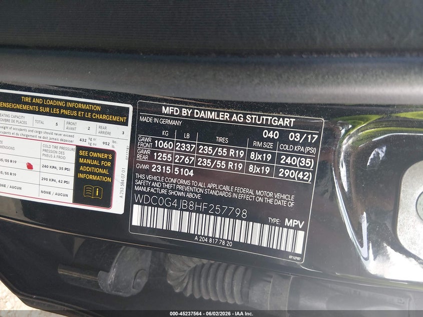 2017 Mercedes-Benz Glc 300 VIN: WDC0G4JB8HF257798 Lot: 45237564