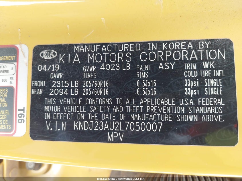 2020 Kia Soul Lx VIN: KNDJ23AU2L7050007 Lot: 45237567