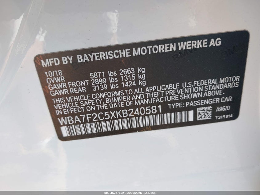2019 BMW 750I xDrive VIN: WBA7F2C5XKB240581 Lot: 45237602