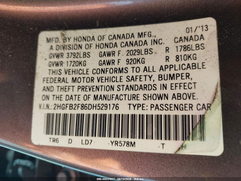2013 HONDA CIVIC SEDAN 1.8L I-4 VVT, 140HP