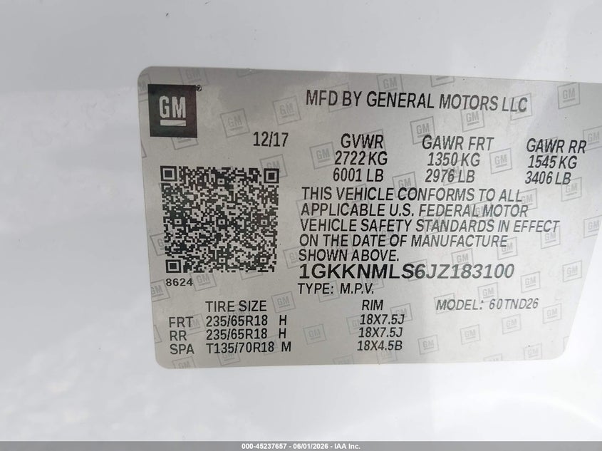 2018 GMC Acadia Slt-1 VIN: 1GKKNMLS6JZ183100 Lot: 45237657