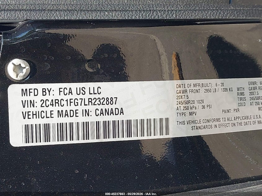 VIN: 2C4RC1FG7LR232887 2020 CHRYSLER PACIFICA TOURING